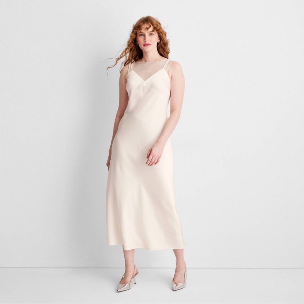 NWT Women's Sleeveless Mixed Media Ankle Slip Dress - Future Collective Cream L